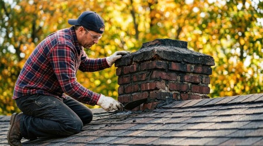 Mason working a weathered brick stack on an autumn roofline