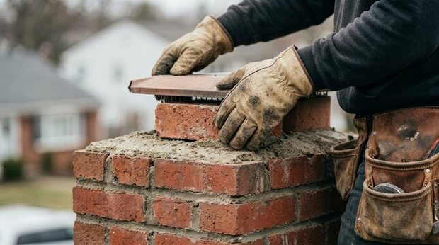 Gloved hands bedding a brick into fresh mortar at the stack top