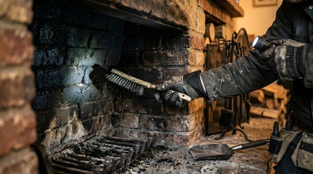 Flashlight and wire brush working inside a sooty firebox