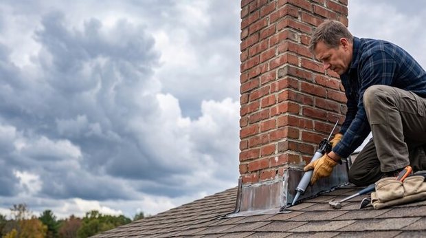 Sealant bead run along chimney flashing under a storm sky