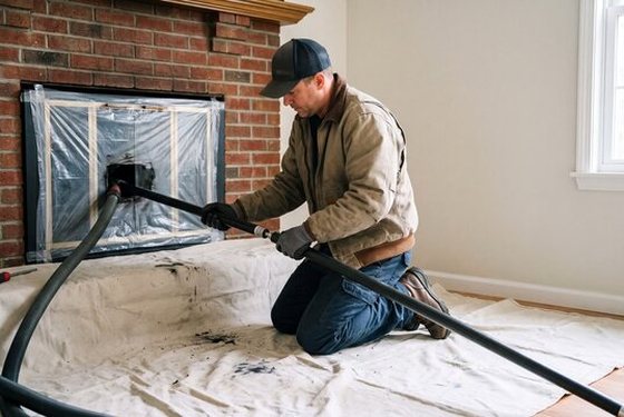 Fireplace opening masked airtight over drop cloths