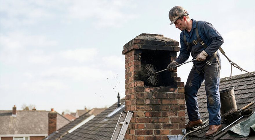 Sweep rodding a brick stack from the roof ladder