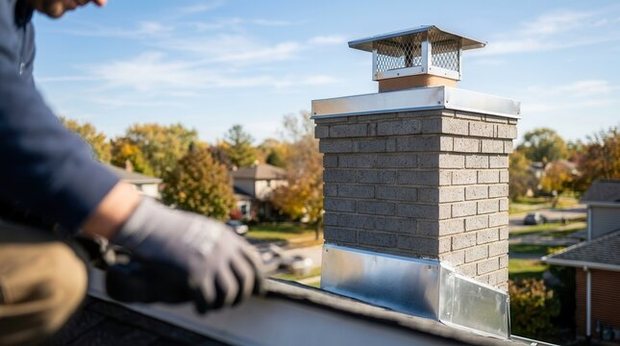 Stainless mesh cap set on a grey brick chimney