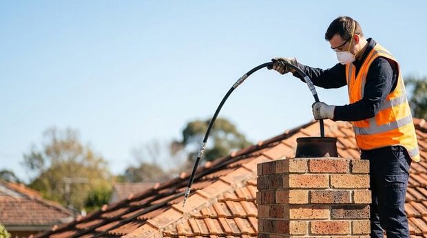 Flexible rod fed down a chimney pot from the roofline
